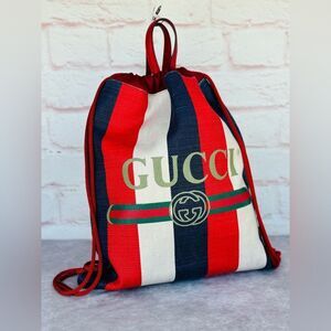 Gucci Sylvie Stripe Canvas Logo Print Red White Blue Drawstring Backpack Unisex